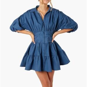 Petal + Pup Francis Denim Gathered Balloon Sleeve Tiered Flare Mini Dress